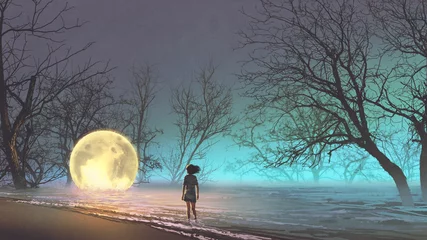 Tuinposter nachtlandschap van jonge vrouw die naar de gevallen maan op het meer kijkt, digitale kunststijl, illustratie, schilderkunst © grandfailure