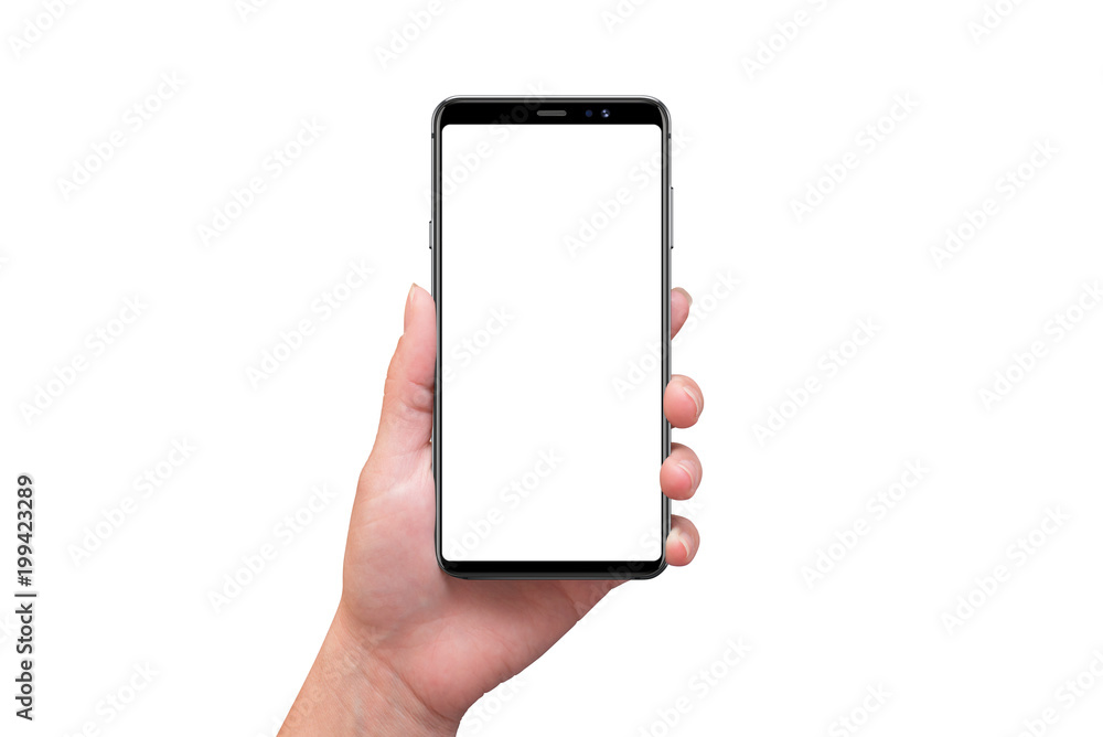 Poster modern smart phone with round edges in woman hand. isolated screen and background.