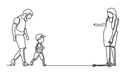 Family Walking in the park. Continuous line drawing. Vector monochrome, drawing by lines. People in the Park. Family concept. Happiness in the Everyday
