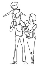 Happy family: mother father and child daughter and son. Continuous line drawing. Vector monochrome, drawing by lines. People in the Park. Family concept. Happiness in the Everyday