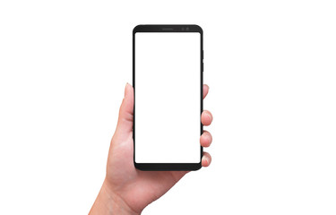 Isolated modern smart phone in woman hand. Blank screen for mockup, app or web design presentation.
