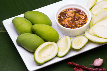 slice raw mango with Sweet fish sauce or thai call snacks namplawan