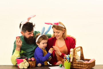 Happy easter! Best Happy easter ideas for happy family. Child holding basket with painted eggs.