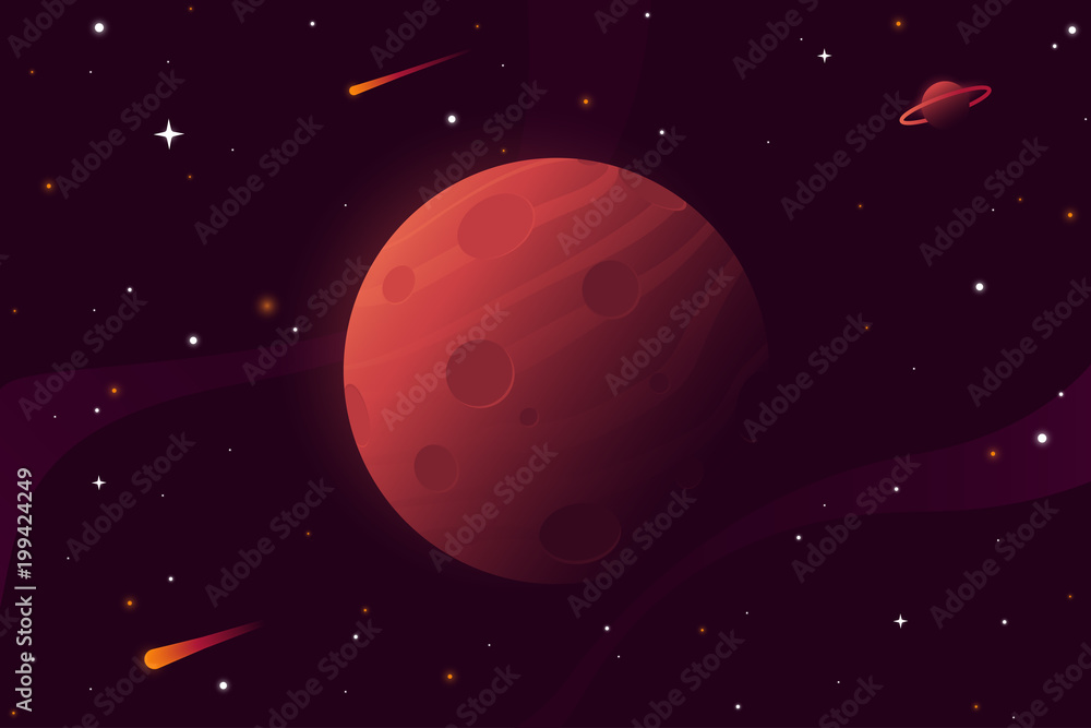 Wall mural big red planet with craters. mars vector illustration. space background with stars, planet and comet