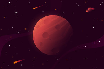 Fototapeta na wymiar Big red planet with craters. Mars vector illustration. Space background with stars, planet and comets. Decoration for your design. Eps 10.