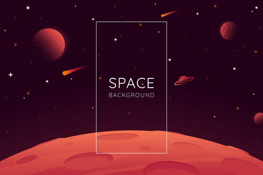 Red planet landscape vector illustration. Space background with place for text. Surface of the planet with craters. Space decoration for your design. Stars and comets on dark background. Eps 10