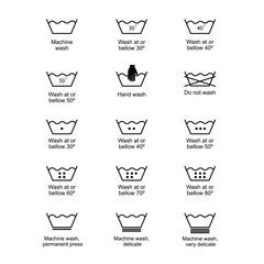 Icon set of laundry symbols, vector illustration print label cloth. Written in spanish.