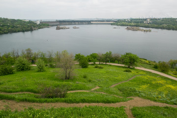 View of the huge hydroelectric power station Dniproges in the city of Zaporizhzhya