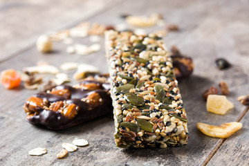 Muesli bars on wooden table