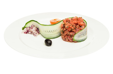 Salmon carpaccio with vegetable on isolated white. Gourmet restaurant food