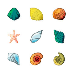 9 shell icons set in cartoon style.