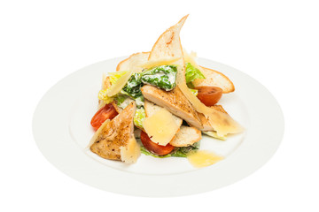 Chicken Salad. Chicken Caesar Salad. Caesar Salad with grilled chicken on plate. Grilled chicken breasts and fresh salad in plate