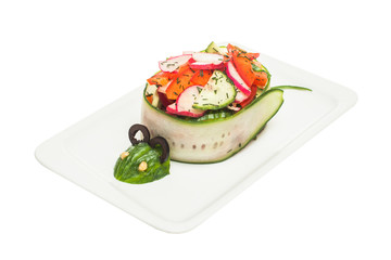 Funny meal children dishes. Vegetable salad isolated on white background, funny food for kids. Mouse