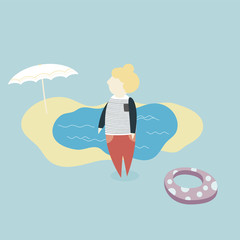 flat design of hair bun girl character at beach in summer, pastel color tone