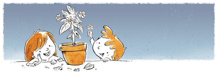 niños con maceta y flores