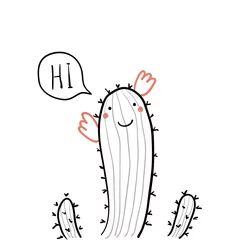 Sierkussen Hand drawn portrait of a cute funny cactus, saying Hi. Isolated objects on white background. Line drawing. Vector illustration. Design concept for children print. © Maria Skrigan