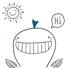 Sierkussen Hand getekend portret van een schattige grappige walvis, hallo zeggen. Geïsoleerde objecten op een witte achtergrond. Lijntekening. Vector illustratie. Ontwerpconcept voor kinderen afdrukken. © Maria Skrigan