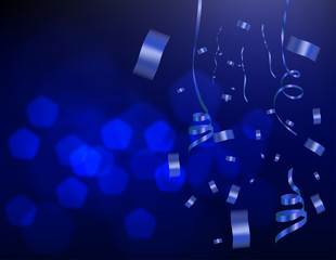 blue celebration background with ribbons and confetti