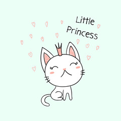 Hand drawn vector illustration of a cute funny little kitten in a crown, with text Little princess. Isolated objects on white background. Line drawing. Design concept for kids print.