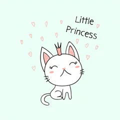 Sierkussen Hand drawn vector illustration of a cute funny little kitten in a crown, with text Little princess. Isolated objects on white background. Line drawing. Design concept for kids print. © Maria Skrigan
