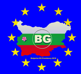 Bulgarian EU council 2018 presidency sign, logo. EU flag, Bulgarian map, Bulgarian flag, capital city floer marker, 3d text. Collection.