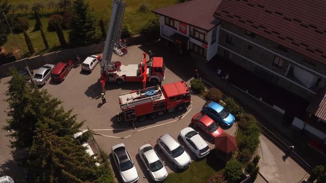 Aerial view of fire trucks at fire drill