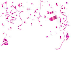 violet ribbon and confetti  on white background