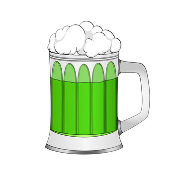 Object on white background Saint Patricks Day, green beer in a glass mug. Color background.