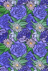 Seamless texture with hand drawn flowers and leaves. Roses and chamomiles. Vector pattern for your creativity.