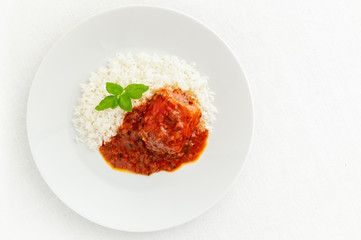 rabbit stewed in white wine, tomato, onion, and garlic sauce with basil garnished with rice 
