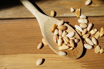 Pine kernel, pinon nuts on a wooden spoon.