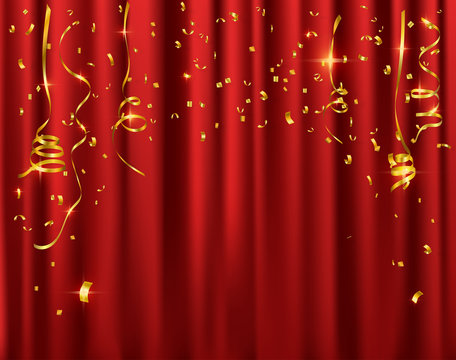 Gold confetti celebration on red curtain