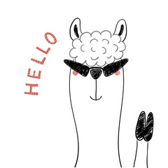 Hand drawn portrait of a cute funny llama in sunglasses, waving, with text Hello. Isolated objects on white background. Line drawing. Vector illustration. Design concept for children print.