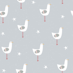 Funny seagull and starfish seamless pattern. Vector hand drawn illustration.