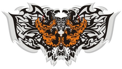 Tribal butterfly wings with leopards. Creative ethnic terrible butterfly formed by the eagle heads and aggressive growling leopards elements on a white background for tattoo art and other