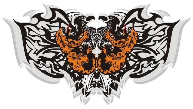 Tribal butterfly wings with leopards. Creative ethnic terrible butterfly formed by the eagle heads and aggressive growling leopards elements on a white background for tattoo art and other