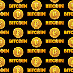 Logo Bitcoin illustration seamless pattern background golden coins isolated with bitcoin sign. Cryptocurrency electronic