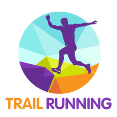 Vector logo silhouette of a runner running forward dynamics power trail marathon mountains jump endurance nature energy