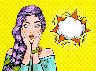 Pop art surprised woman beautiful face with open mouth and bright violet hair on dotted background. Comic woman with speech bubble. Vector illustration.
