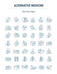 Vector graphic set. Editable outline stroke size. Icons in flat, contour, thin and linear design. Alternative medicine. Simple isolated icons. Concept illustration. Sign, symbol, element.