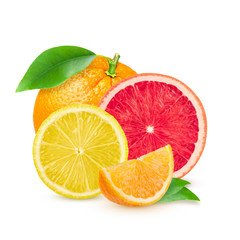 Isolated citrus fruits. Pieces of lemon, pink grapefruit and orange isolated on white background