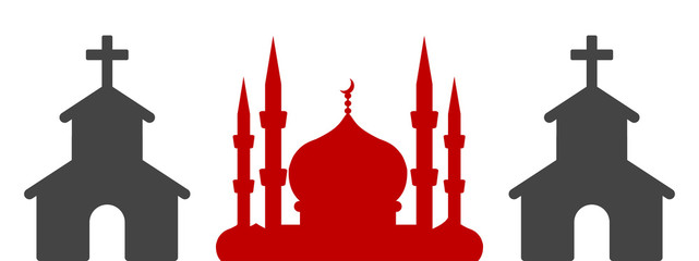 Illustration of mosque and church against white background