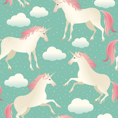 Seamless pattern with beautiful unicorns. Vector magic background for kids design.