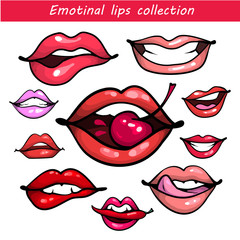 Woman fashion lip gestures set. Girl mouths close up with red and pink lipstick makeup expressing different emotions isolated on white stickers collection