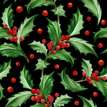 Seamless Pattern with Christmas Symbol - Holly Leaves on Black Background.