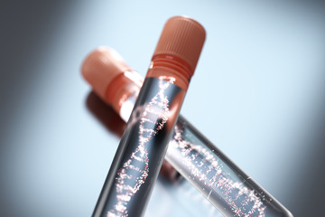 Molecule of DNA forming inside the test tube equipment.3d rendering,conceptual image. © Connect world
