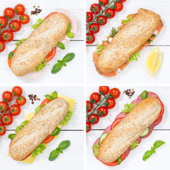 Baguette Vollkorn Brötchen Collage Schinken Salami Käse Fisch Quadrat von oben auf Holzbrett
