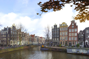 Amsterdam canal and architecture view under a bright of the winter weather, Netherlands