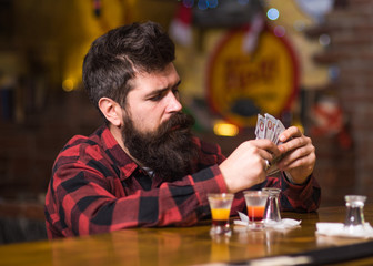 Get drunk concept. Guy spend leisure in bar drinking cocktail,