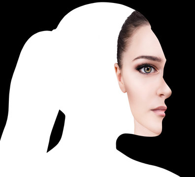 Fototapeta Surrealistic portrait front with cut out profile of woman.